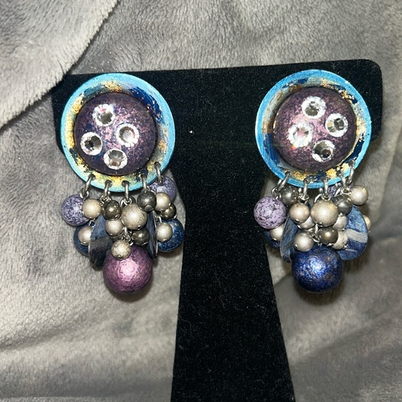 Vintage IKARAMI Denim Hues & Crystals Earrings-Boutique - Picture 3 of 8